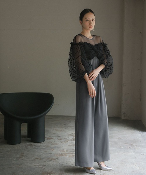 フロッキードットパンツドレス　オケージョンドレス　パンツドレス　結婚式　お呼ばれ フロッキードットシアーオールインワン 結婚式 パンツドレス