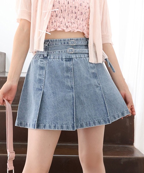 one after another NICE CLAUP（ワンアフターアナザーナイスクラップ）の「ダブルベルトミニスカート（デニムスカート・レディース・サックスブルー/ブルー/ブラウン/ブラック/ホワイト系その他・SMALL/MEDIUM）」の5枚目の写真