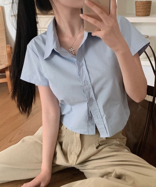 BEIDELLI（ベイデリー）の「[BELLIDE MADE] 4ピンタッククロップド半袖シャツ（シャツ/ブラウス・レディース・ブラック/スカイブルー/ネイビー/ホワイト/ピンク・FREE）」の3枚目の写真