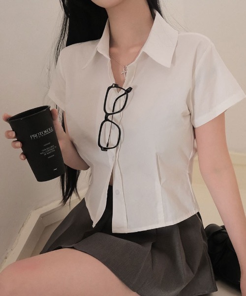 BEIDELLI（ベイデリー）の「[BELLIDE MADE] 4ピンタッククロップド半袖シャツ（シャツ/ブラウス・レディース・ブラック/スカイブルー/ネイビー/ホワイト/ピンク・FREE）」の14枚目の写真