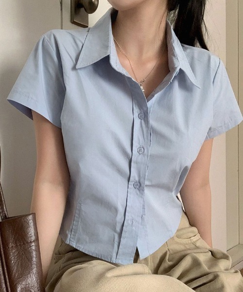 BEIDELLI（ベイデリー）の「[BELLIDE MADE] 4ピンタッククロップド半袖シャツ（シャツ/ブラウス・レディース・ブラック/スカイブルー/ネイビー/ホワイト/ピンク・FREE）」の10枚目の写真