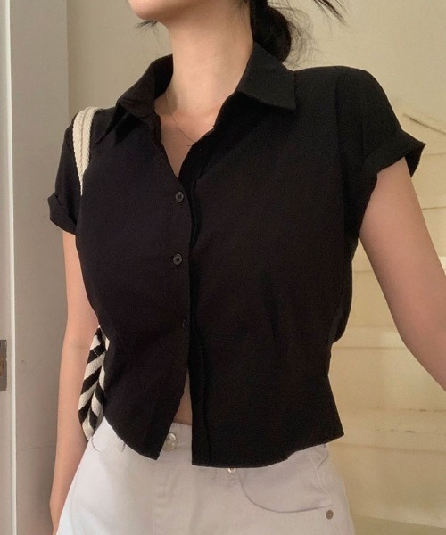 BEIDELLI（ベイデリー）の「[BELLIDE MADE] 4ピンタッククロップド半袖シャツ（シャツ/ブラウス・レディース・ブラック/スカイブルー/ネイビー/ホワイト/ピンク・FREE）」の8枚目の写真