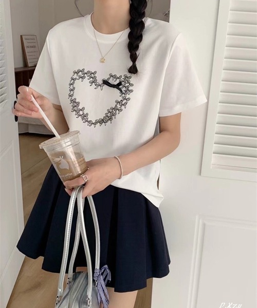 tシャツ レースリボンハートTシャツ レディース Loueme tシャツ リボン刺繍レーストリムトップス レディース