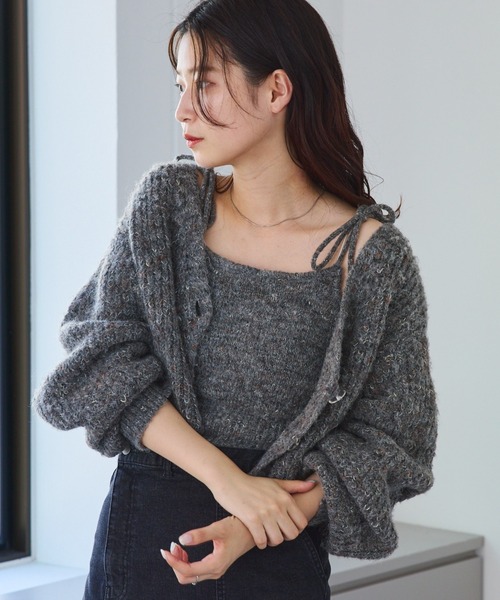 Kastane(カスタネ)の「【お気に入り登録3.8万人】リボンニットキャミ×クロップドカーデSET(カーディガン/ボレロ・レディース・ブラウン/グレー/ピンク/アイボリー・FREE)」の2枚目の写真