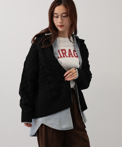 【セール】SALOON(サルーン)/ケーブルZIPニットカーディガン【手洗い可】ジップアップ（カーディガン/ボレロ）｜saloon（サルーン）