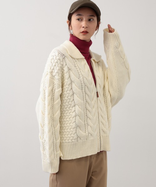 【セール】SALOON(サルーン)/ケーブルZIPニットカーディガン【手洗い可】ジップアップ（カーディガン/ボレロ）｜saloon（サルーン）