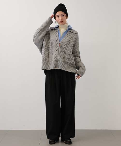 【セール】SALOON(サルーン)/ケーブルZIPニットカーディガン【手洗い可】ジップアップ（カーディガン/ボレロ）｜saloon（サルーン）
