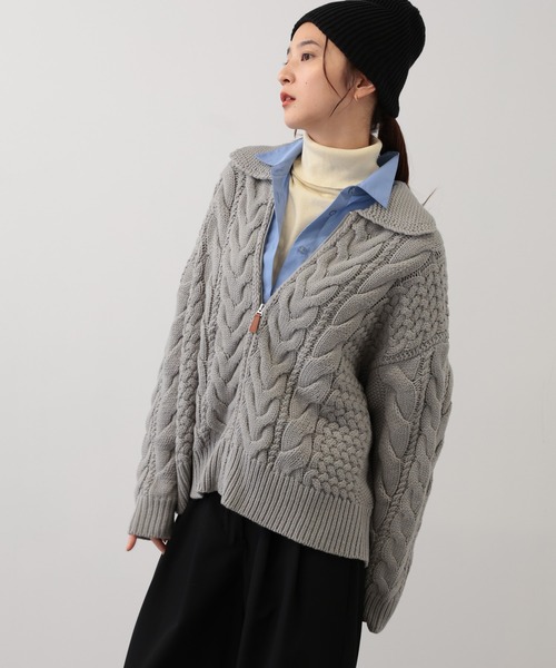 【セール】SALOON(サルーン)/ケーブルZIPニットカーディガン【手洗い可】ジップアップ（カーディガン/ボレロ）｜saloon（サルーン）