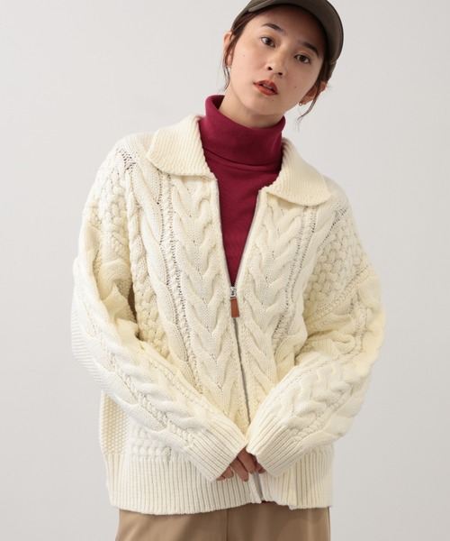 【セール】SALOON(サルーン)/ケーブルZIPニットカーディガン【手洗い可】ジップアップ（カーディガン/ボレロ）｜saloon（サルーン）