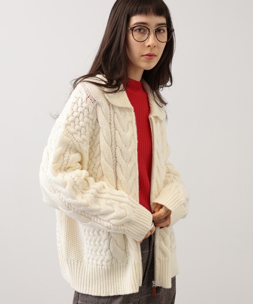 【セール】SALOON(サルーン)/ケーブルZIPニットカーディガン【手洗い可】ジップアップ（カーディガン/ボレロ）｜saloon（サルーン）