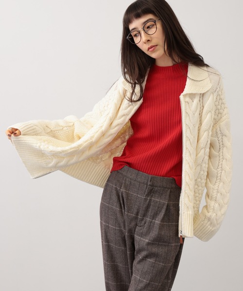 【セール】SALOON(サルーン)/ケーブルZIPニットカーディガン【手洗い可】ジップアップ（カーディガン/ボレロ）｜saloon（サルーン）