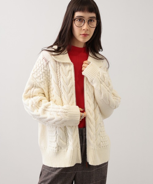 【セール】SALOON(サルーン)/ケーブルZIPニットカーディガン【手洗い可】ジップアップ（カーディガン/ボレロ）｜saloon（サルーン）
