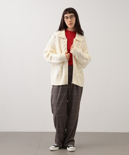 【セール】SALOON(サルーン)/ケーブルZIPニットカーディガン【手洗い可】ジップアップ（カーディガン/ボレロ）｜saloon（サルーン）