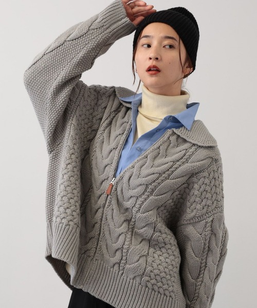 【セール】SALOON(サルーン)/ケーブルZIPニットカーディガン【手洗い可】ジップアップ（カーディガン/ボレロ）｜saloon（サルーン）