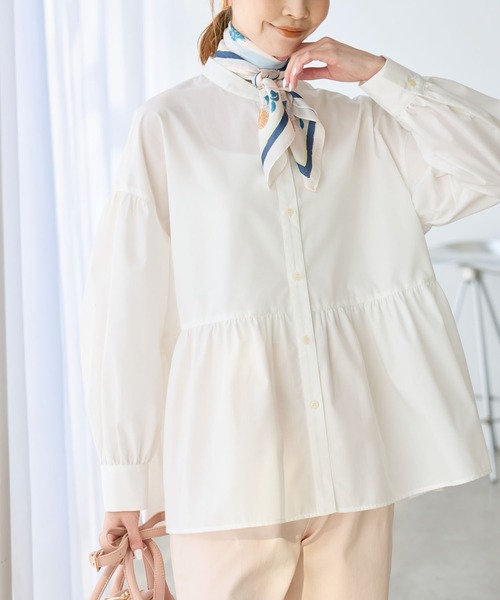 タグ付き新品　yori　シャーベットフリルカットソー　サーモンピンク セール】【花粉ガード・防シワ】ギャザーシャツブラウス（シャツ