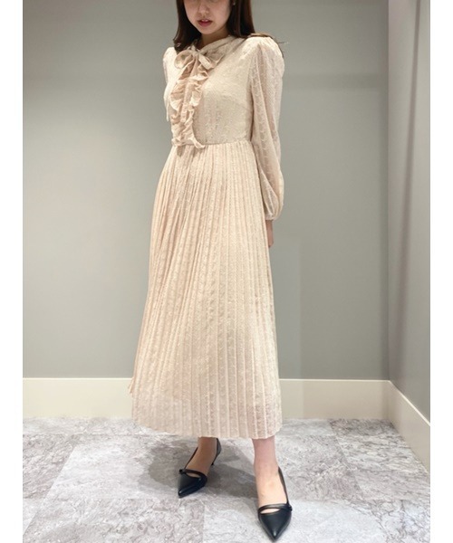 CELFORD ボウタイ 総レース ロングワンピース ベージュ 長袖 34 DRESS