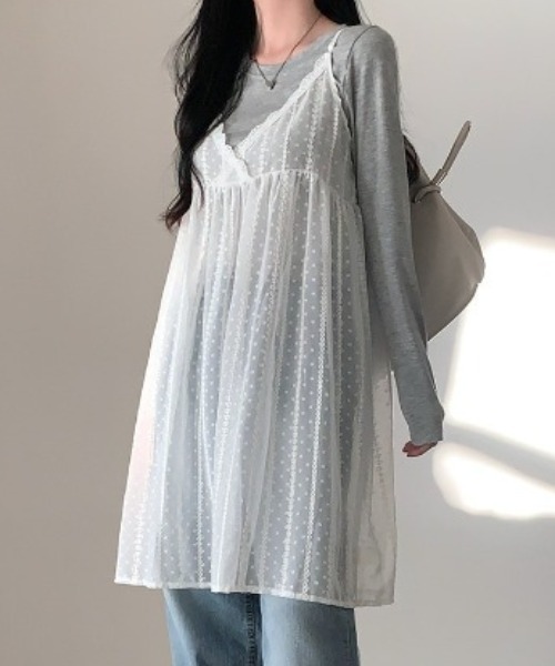 セール】レイヤード刺繍シアーキャミソールチュニックワンピース