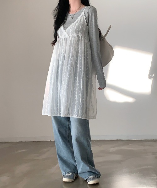 Teem Store(チームストア)の「レイヤード刺繍シアーキャミソールチュニックワンピース(ワンピース・レディース・ホワイト・F)」の7枚目の写真