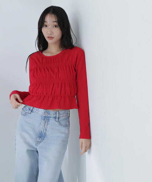 ナチュラルビューティーベーシック (M) シャーリングペプラムニット フェミニン NATURAL BEAUTY BASIC｜ラメラインペプラムニット | Rakuten