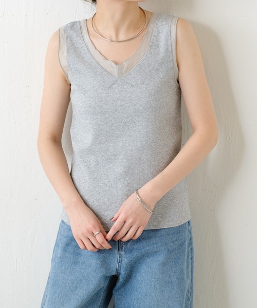 COLLAGE GALLARDAGALANTE(コラージュガリャルダガランテ)の「C′NOTE/シアー切替Vネックタンクトップ(タンクトップ・レディース・ライトグレー/ホワイト/ネイビー・FREE)」の3枚目の写真