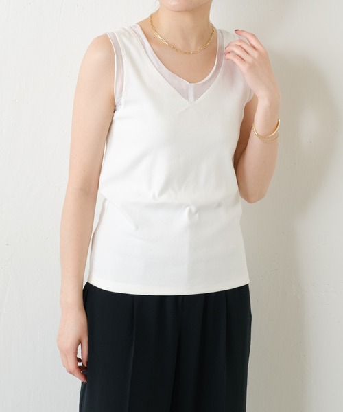 COLLAGE GALLARDAGALANTE(コラージュガリャルダガランテ)の「C′NOTE/シアー切替Vネックタンクトップ(タンクトップ・レディース・ライトグレー/ホワイト/ネイビー・FREE)」の5枚目の写真