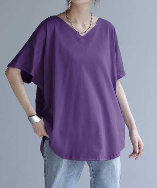 HUG.U(ハグユー)の「VネックドルマンTシャツ(Tシャツ/カットソー・レディース・グレイッシュブルー/カーキ/イエロー/グレー/レッド/パープル/ブラック/ホワイト・FREE)」の6枚目の写真
