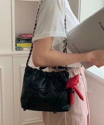 ミニリボン PUレザー 巾着型チェーンバッグ