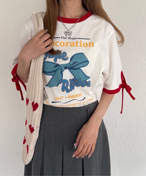 kutir(クティール)の「リボンリンガーTシャツ(Tシャツ/カットソー・レディース・ネイビー/ブラック/レッド・FREE)」の1枚目の写真