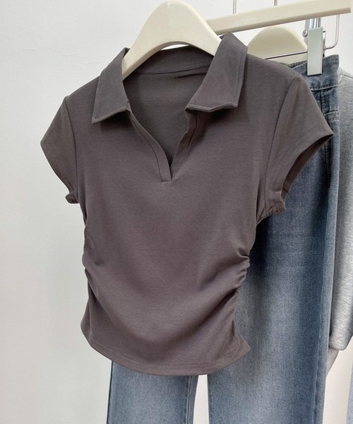 SPIGA（スピーガ）の「ポロスキッパー脇シャーリングフレンチトップス（Tシャツ/カットソー・レディース・グレー/ライトグレー/ホワイト/ブラック・LARGE/X-LARGE/SMALL/MEDIUM）」の4枚目の写真