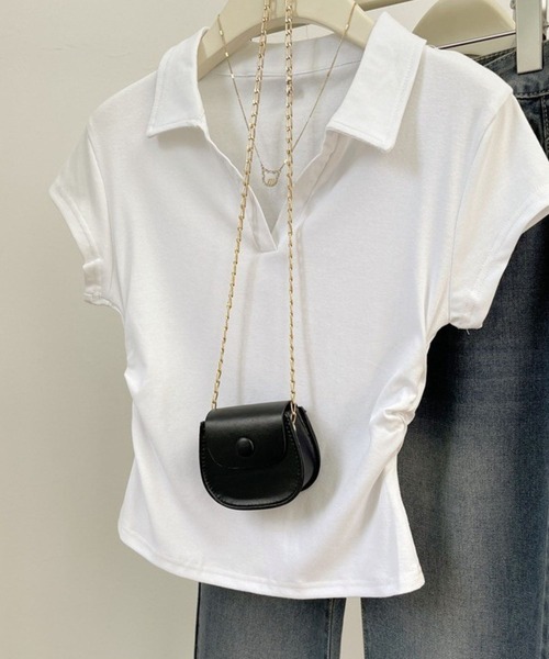 SPIGA（スピーガ）の「ポロスキッパー脇シャーリングフレンチトップス（Tシャツ/カットソー・レディース・グレー/ライトグレー/ホワイト/ブラック・LARGE/X-LARGE/SMALL/MEDIUM）」の2枚目の写真