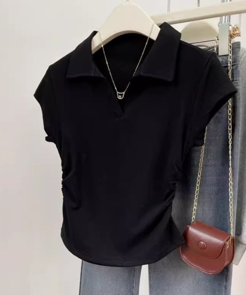 SPIGA（スピーガ）の「ポロスキッパー脇シャーリングフレンチトップス（Tシャツ/カットソー・レディース・グレー/ライトグレー/ホワイト/ブラック・LARGE/X-LARGE/SMALL/MEDIUM）」の3枚目の写真