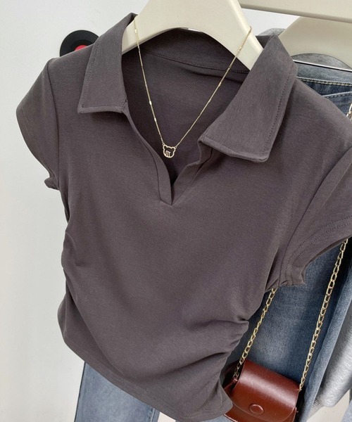 SPIGA（スピーガ）の「ポロスキッパー脇シャーリングフレンチトップス（Tシャツ/カットソー・レディース・グレー/ライトグレー/ホワイト/ブラック・LARGE/X-LARGE/SMALL/MEDIUM）」の5枚目の写真