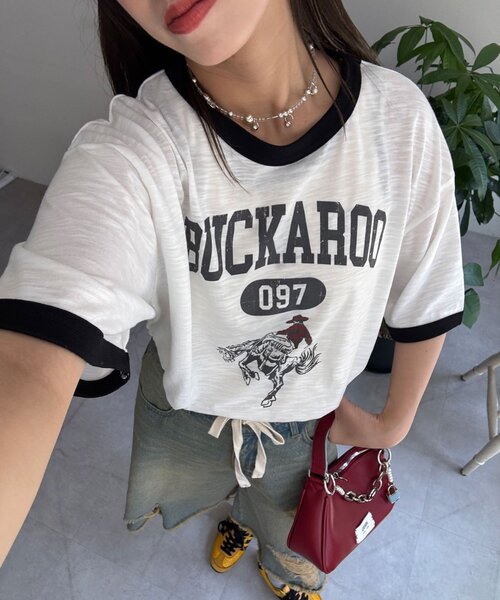 CIAOPANIC(チャオパニック)の「アソートプリントリンガーTシャツ(Tシャツ/カットソー・レディース・イエロー/ブラウン/ブラック・MEDIUM/LARGE)」の1枚目の写真
