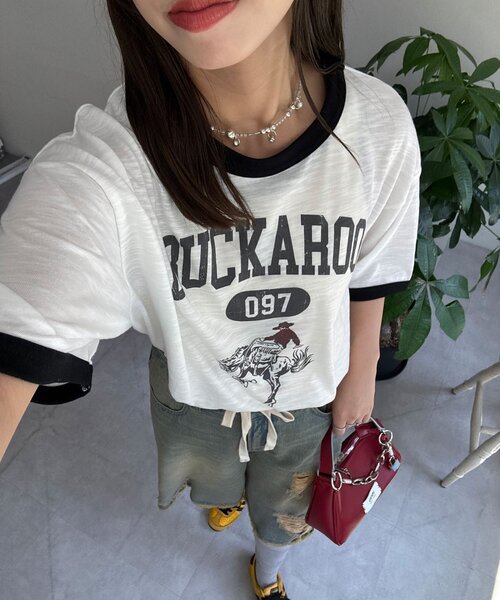 CIAOPANIC(チャオパニック)の「アソートプリントリンガーTシャツ(Tシャツ/カットソー・レディース・イエロー/ブラウン/ブラック・MEDIUM/LARGE)」の4枚目の写真