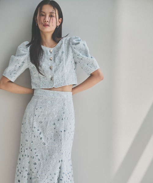 AND COUTURE（アンドクチュール）の「スカラレースジャケット（ノーカラージャケット・レディース・ミント/オフホワイト/ブラック・FREE）」の4枚目の写真