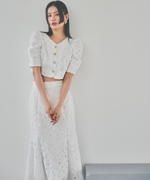 AND COUTURE（アンドクチュール）の「スカラレースジャケット（ノーカラージャケット・レディース・ミント/オフホワイト/ブラック・FREE）」の6枚目の写真
