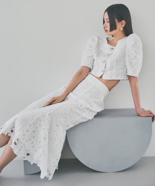 AND COUTURE（アンドクチュール）の「スカラレースジャケット（ノーカラージャケット・レディース・ミント/オフホワイト/ブラック・FREE）」の8枚目の写真