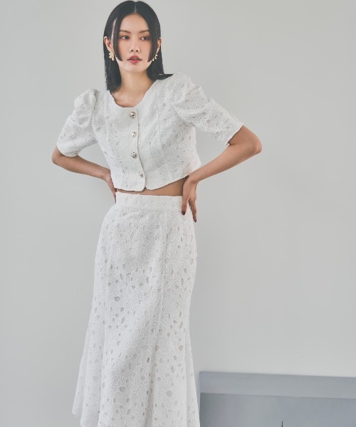 AND COUTURE（アンドクチュール）の「スカラレースジャケット（ノーカラージャケット・レディース・ミント/オフホワイト/ブラック・FREE）」の9枚目の写真