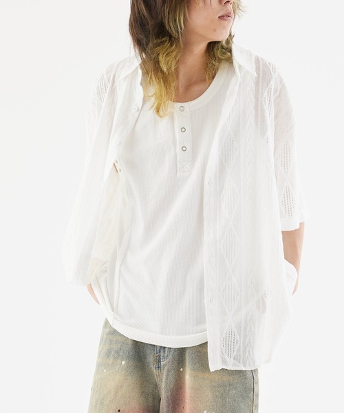 Theater code(シアターコード)の「Openwork Short-Sleeved Shirt / 透かし編み 半袖シャツ(シャツ/ブラウス・メンズ・ブラック/ホワイト・M/L)」の3枚目の写真