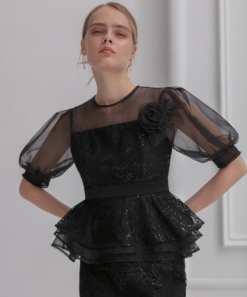 セール】【LEJA】ローズペプラムIラインワンピースドレス2点セット美脚