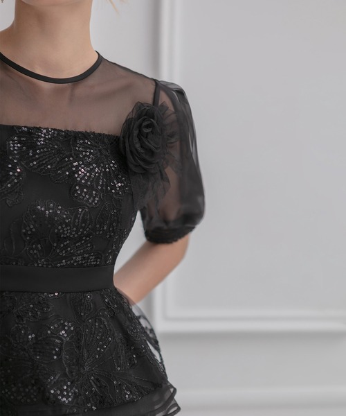 セール】【LEJA】ローズペプラムIラインワンピースドレス2点セット美脚