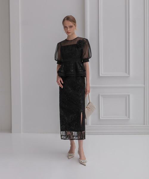 LEJA ローズペプラムIラインワンピースドレス　Mサイズ セール】【LEJA】ローズペプラムIラインワンピースドレス2点セット美脚