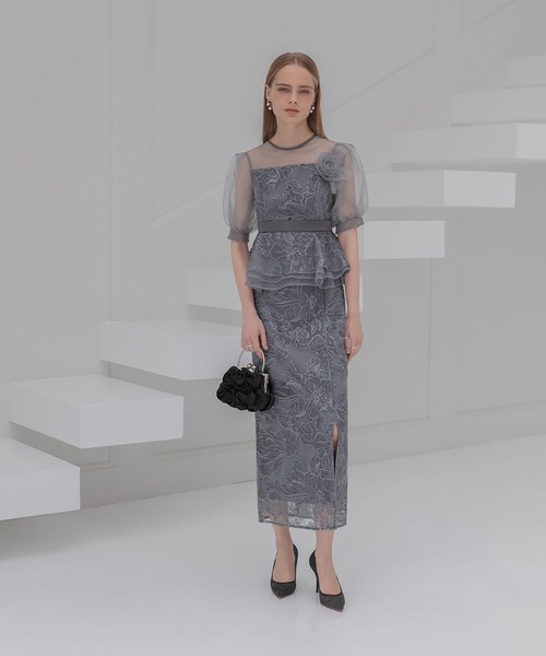 LEJA ペプラムスパンコールグリッターIラインドレス グレー　M セール】【LEJA】ローズペプラムIラインワンピースドレス2点セット美脚