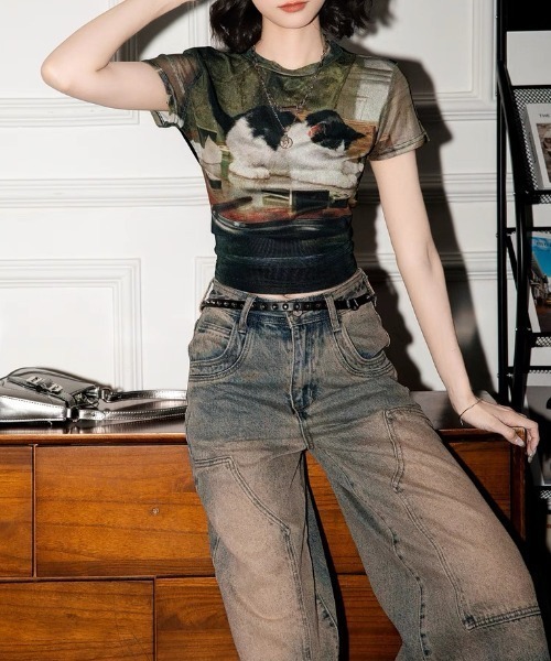 CELENA BEATS(セレナビーツ)の「【猫プリント × シアー素材】キャットフォト グラフィック シアー メッシュ クロップド Tシャツ(Tシャツ/カットソー・レディース・アーミー・S/M/L)」の6枚目の写真
