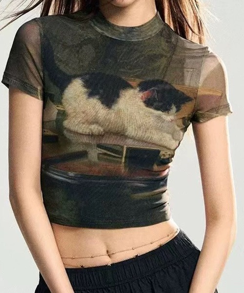 CELENA BEATS(セレナビーツ)の「【猫プリント × シアー素材】キャットフォト グラフィック シアー メッシュ クロップド Tシャツ(Tシャツ/カットソー・レディース・アーミー・S/M/L)」の11枚目の写真