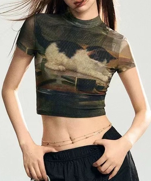 CELENA BEATS(セレナビーツ)の「【猫プリント × シアー素材】キャットフォト グラフィック シアー メッシュ クロップド Tシャツ(Tシャツ/カットソー・レディース・アーミー・S/M/L)」の12枚目の写真