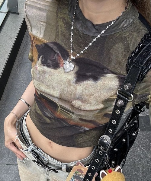 CELENA BEATS(セレナビーツ)の「【猫プリント × シアー素材】キャットフォト グラフィック シアー メッシュ クロップド Tシャツ(Tシャツ/カットソー・レディース・アーミー・S/M/L)」の18枚目の写真