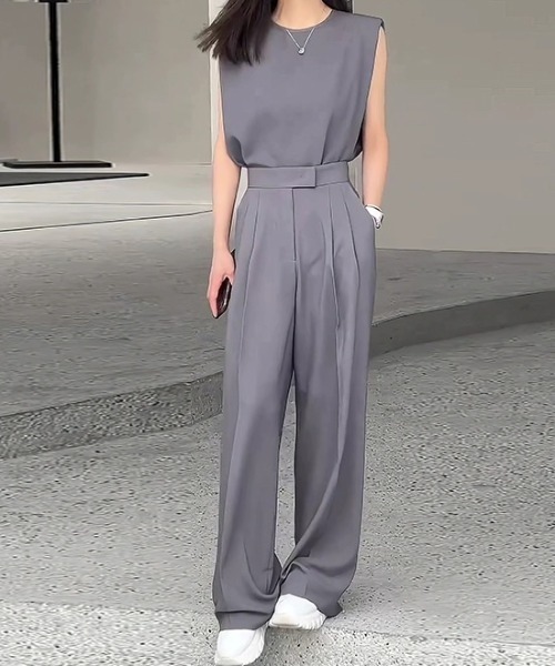 ノースリーブ トップス センターラインパンツ セットアップ 2色 セール】ノースリーブ トップス ロングパンツ セットアップ