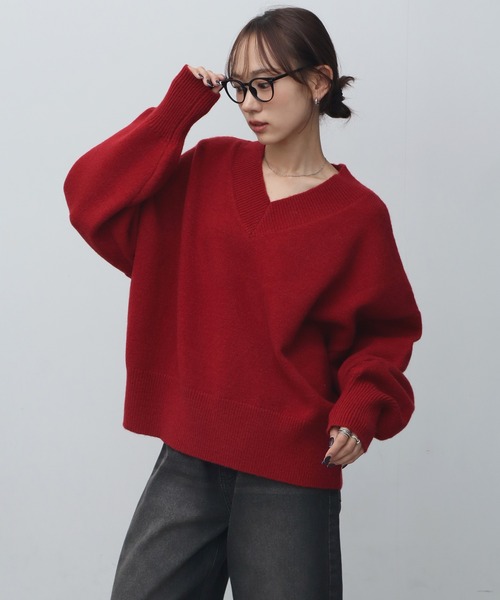美品★定価3.7万円★アンスクリール★深Vネック 長袖　ニット★ブラック Vネックニット ニット レディース トップス 長袖 送料無料・(500