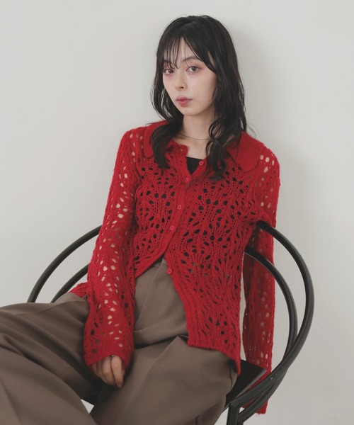 LIAN（リアン）の「クロシェポロニットカーディガン（ニット/セーター・レディース・レッド/アイボリー/ブラウン/チャコールグレー・FREE）」の4枚目の写真